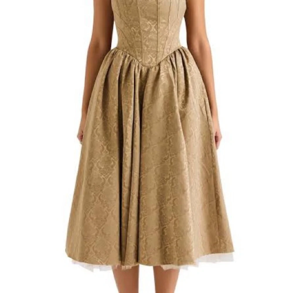 House of CB Brown Midi Dress Ruffle Sleeves xs Alessandra corset jacquard gold - Picture 7 of 12